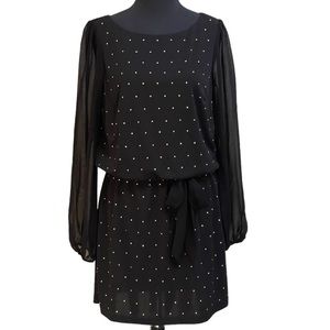 White House Black Market Black Mini Dress Sz 8 Gold Beads Studs Sheer Sleeves